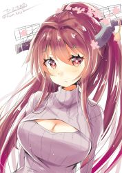 Rule 34 | 1girl, blush, breasts, brown eyes, brown hair, cleavage, cleavage cutout, closed mouth, clothing cutout, dated, grey sweater, hair intakes, hair petal, headgear, highres, hizaka, kantai collection, large breasts, long hair, looking at viewer, meme attire, open-chest sweater, ponytail, ribbed sweater, simple background, sketch, solo, sweater, twitter username, upper body, very long hair, white background, yamato (kancolle)