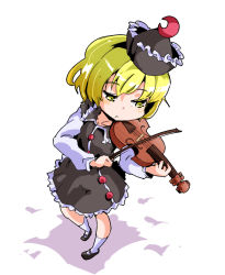 Rule 34 | 1girl, :&lt;, blonde hair, crescent, dress, from above, frown, half-closed eyes, hat, instrument, kneehighs, long sleeves, lunasa prismriver, mary janes, music, perspective, playing instrument, shinapuu, shoes, short hair, socks, solo, touhou, violin, white socks, yellow eyes