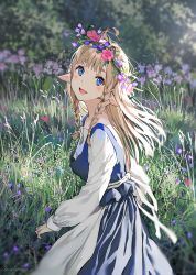 Rule 34 | 1girl, apron, blonde hair, blue eyes, blurry, braid, commentary, depth of field, elf, english commentary, flower, grass, hair flower, hair ornament, happy, highres, long hair, long sleeves, looking at viewer, open mouth, original, outdoors, pointy ears, solo, sunako (veera), twin braids, twitter username