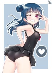 Rule 34 | 1girl, ass, backless swimsuit, black one-piece swimsuit, blue background, blue hair, dated, deadnooodles, frilled swimsuit, frills, grin, hair bun, hand on own hip, heart, highres, long hair, looking at viewer, looking back, love live!, love live! school idol festival, love live! sunshine!!, one-piece swimsuit, one eye closed, outline, purple eyes, side bun, simple background, single side bun, smile, solo, spoken heart, swimsuit, tsushima yoshiko, w over eye, white outline