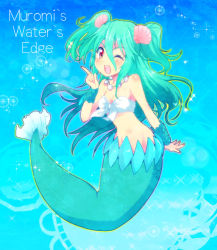 Rule 34 | 1girl, ;d, aqua hair, blush, breasts, clam, cleavage, hair ornament, index finger raised, jewelry, long hair, mermaid, monster girl, muromi-san, namiuchigiwa no muromi-san, navel, necklace, one eye closed, open mouth, red eyes, seashell, shell, smile, solo, twintails, two side up, very long hair, wink