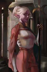 Rule 34 | 1girl, absurdres, alternate costume, arm at side, armor, baldur&#039;s gate, baldur&#039;s gate 3, blonde hair, breastplate, brown gloves, cape, colored skin, commentary, cowboy shot, dark elf, day, dungeonbgm, dungeons &amp; dragons, elf, english commentary, from side, gloves, hair bun, halberd, hand up, highres, holding, holding polearm, holding weapon, looking back, minthara, partially fingerless gloves, pillar, pointy ears, polearm, purple skin, red cape, red eyes, red skirt, short hair, sideways glance, single hair bun, skirt, solo, standing, vambraces, weapon