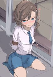 Rule 34 | 1girl, arms behind back, bdsm, blue eyes, blue socks, blue necktie, blue skirt, blush, bondage, bound, bound arms, breasts, brown hair, embarrassed, female focus, full body, gegege no kitarou, hair ornament, hairclip, have to pee, highres, indoors, inuyama mana, japanese text, kneehighs, long sleeves, looking away, looking to the side, medium breasts, muroi (fujisan0410), necktie, nose blush, open mouth, pleated skirt, rope, shirt, short hair, sitting, skirt, socks, solo, talking, teeth, translated, trembling, wariza, white shirt
