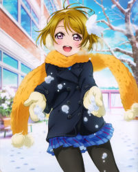 Rule 34 | 10s, 1girl, absurdres, black pantyhose, blue skirt, breath, brown hair, buttons, coat, colored sclera, day, detexted, double-breasted, earmuffs, gloves, highres, koizumi hanayo, long sleeves, looking at viewer, love live!, love live! school idol festival, love live! school idol project, miniskirt, mittens, murota yuuhei, official art, open mouth, otonokizaka school uniform, outdoors, panties, pantyhose, pink eyes, pleated skirt, purple eyes, scarf, school uniform, short hair, skirt, snow, solo, standing, third-party edit, tree, underwear, winter clothes, yellow scarf, yellow sclera
