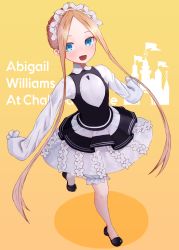 Rule 34 | 1girl, :d, abigail williams (fate), abigail williams (festival outfit) (fate), absurdres, blonde hair, blue eyes, blush, breasts, character name, dress, fate/grand order, fate (series), forehead, heroic spirit festival outfit, highres, kopaka (karda nui), long hair, long sleeves, looking at viewer, maid headdress, official alternate costume, open mouth, parted bangs, sidelocks, small breasts, smile, solo, white dress