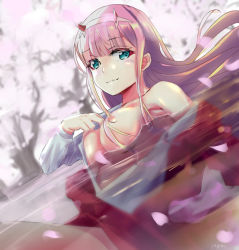 Rule 34 | 1girl, blue eyes, blurry, blurry background, blush, breasts, collarbone, darling in the franxx, day, dress shirt, floating hair, hairband, horns, long hair, looking at viewer, medium breasts, nipples, off shoulder, open clothes, open shirt, outdoors, petals, pink hair, shirt, sitting, smile, solo, very long hair, white hairband, white shirt, yagni, zero two (darling in the franxx)