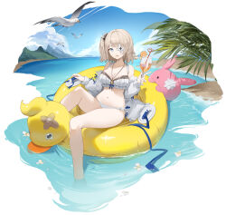 Rule 34 | 1girl, absurdres, azur lane, bare shoulders, beach, bikini, bird, blonde hair, blue eyes, breasts, cleavage, cocktail glass, cup, drinking glass, eyepatch, frilled bikini, frills, highres, holding, inflatable duck, innertube, jacket, jewelry, large breasts, le terrible (azur lane), le terrible (sunlight seaspray and sanctity) (azur lane), leg up, long sleeves, looking at viewer, navel, necklace, ocean, off shoulder, official alternate costume, one side up, open clothes, open jacket, open mouth, outdoors, puffy sleeves, seagull, shibuya (kurokamishain), short hair, smile, solo, stomach, swim ring, swimsuit, thighs, white bikini, white jacket