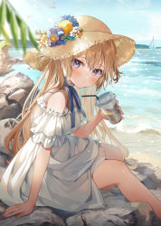 Rule 34 | 1girl, arm support, bendy straw, blue flower, blush, boat, brown hat, commentary request, cup, day, disposable cup, dress, drinking straw, flower, hair ornament, hat, hat flower, highres, holding, holding cup, kanda done, light brown hair, long hair, looking at viewer, looking to the side, original, outdoors, purple eyes, sailboat, sitting, sleeveless, sleeveless dress, solo, straw hat, sweat, very long hair, water, watercraft, white dress, white flower