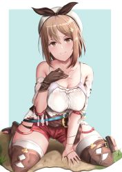 Rule 34 | 1girl, absurdres, atelier (series), atelier ryza, atelier ryza 1, belt, breasts, brown belt, brown eyes, brown gloves, brown hair, commentary, english commentary, gloves, hat, highres, huge filesize, jay87k, jewelry, leather belt, medium breasts, necklace, red shorts, reisalin stout, short hair, short shorts, shorts, single glove, sitting, star (symbol), star necklace, thick thighs, thighs, wariza, white headwear