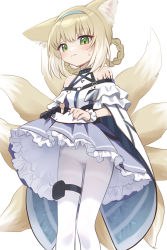 Rule 34 | 1girl, animal ears, arknights, bare shoulders, black gloves, blonde hair, blue dress, blush, clothes lift, clothing cutout, dress, dress lift, feet out of frame, fox ears, fox girl, fox tail, gloves, green eyes, highres, lifted by self, long hair, looking at viewer, material growth, multicolored hair, oemmnn, oripathy lesion (arknights), panties, panties day, panties under pantyhose, pantyhose, shoulder cutout, single glove, single wrist cuff, solo, streaked hair, suzuran (arknights), tail, thigh strap, two-tone dress, underwear, white dress, white hair, white panties, white pantyhose, white wrist cuffs, wrist cuffs