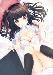 Rule 34 | 1girl, black hair, black socks, blunt bangs, bow, bow panties, bra, breasts, clothes in mouth, clothes lift, collarbone, cona kinaco, flower, from above, hair flower, hair ornament, heart, heart-shaped pillow, heart print, highres, kneehighs, lace, lace-trimmed bra, lace trim, long hair, looking at viewer, lying, medium breasts, mouth hold, on back, original, panties, pillow, shirt, shirt grab, shirt in mouth, shirt lift, shirt tug, socks, solo, twintails, two side up, underwear, white bra, white panties, white shirt