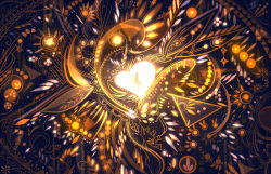 Rule 34 | 1girl, circle, commentary request, dotted line, dress, glowing, heart, highres, leaf, light particles, long hair, orange theme, original, outstretched hand, patterned, patterned background, plant, reaching, sakimori (hououbds), silhouette, solo, standing, triangle, very long hair, vines