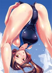 Rule 34 | 1girl, adjusting clothes, adjusting swimsuit, ass, bent over, blush, breasts, brown eyes, brown hair, competition swimsuit, highres, idolmaster, idolmaster cinderella girls, kawashima mizuki, large breasts, long hair, looking at viewer, nenchi, one-piece swimsuit, smile, solo, swimsuit