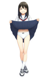 Rule 34 | 1girl, black eyes, black hair, blouse, blue footwear, blue sailor collar, blue skirt, blush, bow, bow panties, clothes lift, commentary, cross-laced footwear, crossed ankles, crotch seam, full body, grin, half-closed eyes, highres, lifting own clothes, long sleeves, looking at viewer, maburu (lojyq1eur3e8bit), medium hair, miniskirt, navel, neckerchief, original, panties, pleated skirt, red neckerchief, sailor collar, shirt, shoes, simple background, skirt, skirt lift, smile, sneakers, socks, solo, standing, underwear, white background, white panties, white shirt, white socks