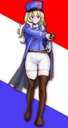 Rule 34 | 10s, 1girl, bc freedom (emblem), belt, bike shorts, black footwear, blouse, blue coat, blue hat, blue shirt, boots, closed mouth, coat, drawing sword, emblem, flag background, french flag, full body, girls und panzer, hat, highres, holding, holding sword, holding weapon, light frown, long hair, looking at viewer, panties under bike shorts, scabbard, shadow, sheath, shirt, shorts, solo, standing, sword, thigh boots, thighhighs, uniform, unsheathing, weapon, white shorts, yoyokkun