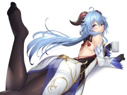 Rule 34 | 1girl, absurdres, ahoge, ass, bare back, black gloves, black pantyhose, blue hair, bodysuit, bodysuit under clothes, cup, detached sleeves, dress, ganyu (genshin impact), genshin impact, gloves, highres, holding, holding cup, horns, long hair, looking back, lying, mug, no shoes, on stomach, pantyhose, purple eyes, sayaka ikku, simple background, thighs, very long hair, white background, white dress, white sleeves, wide sleeves