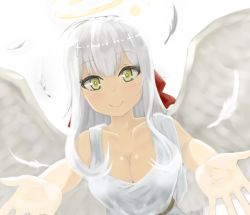 Rule 34 | 1girl, angel, angel wings, artist request, breasts, cleavage, dress, earrings, feather earrings, feathers, gabriel dropout, green eyes, hair ribbon, halo, jewelry, large breasts, long hair, looking at viewer, outstretched arms, raphiel shiraha ainsworth, ribbon, robe, rope belt, smile, solo, white background, white dress, white hair, white robe, wings, yellow eyes