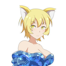 Rule 34 | 1girl, alternate costume, animal ears, bare shoulders, blonde hair, blue kimono, blush, breasts, cato (monocatienus), cleavage, commentary request, fox ears, hair between eyes, japanese clothes, kimono, large breasts, looking at viewer, no headwear, off shoulder, short hair, simple background, smile, solo, touhou, upper body, white background, yakumo ran, yellow eyes