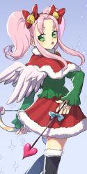 Rule 34 | 1girl, arrow (projectile), bow, bow (weapon), christmas, dress, green eyes, hair bow, heart, highres, long hair, looking at viewer, murata tefu, open mouth, original, pink hair, skirt, solo, thighhighs, weapon, wings