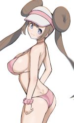 Rule 34 | 1girl, absurdres, ass, bikini, blue eyes, breasts, brown hair, closed mouth, creatures (company), dimples of venus, floating hair, from side, game freak, halterneck, highres, large breasts, long hair, looking at viewer, looking to the side, nintendo, no nose, pink bikini, pink scrunchie, pokemon, pokemon bw2, rosa (pokemon), scrunchie, sideboob, sidelocks, simple background, smile, solo, strap gap, string bikini, swimsuit, tsuneshima, very long hair, visor cap, white background, wrist scrunchie