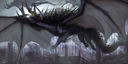 Rule 34 | animal focus, black scales, broken, broken chain, building, chain, city, claws, cloud, cloudy sky, commentary, dragon, flying, from side, full body, giant, giant monster, glowing, glowing eye, grey sky, horns, mane, no humans, original, outdoors, profile, rain, scales, sky, smoke, tail, torihasiden, western dragon, wings