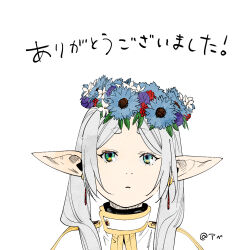 Rule 34 | abe tsukasa, blue flower, close-up, dangle earrings, dress, earrings, expressionless, facing viewer, flower, frieren, green eyes, grey hair, head wreath, highres, jewelry, long hair, looking at viewer, official art, pointy ears, sousou no frieren, twintails, upper body, white background, white dress