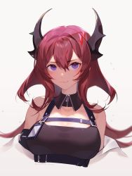 Rule 34 | 1girl, anywhere knock, arknights, bare shoulders, black dress, breasts, cleavage, closed mouth, cropped torso, detached collar, dress, highres, horns, large breasts, long hair, looking at viewer, off shoulder, purple eyes, red hair, simple background, smile, solo, surtr (arknights), underbust, upper body, v-shaped eyebrows, white background, zipper pull tab