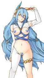 Rule 34 | 1girl, absurdres, animal ears, asymmetrical legwear, azura (fire emblem), blue hair, breasts, rabbit ears, elbow gloves, fake animal ears, fingerless gloves, fire emblem, fire emblem fates, gloves, heart pasties, highres, long hair, looking at viewer, maebari, medium breasts, meme attire, navel, nintendo, parted lips, pasties, revealing clothes, reverse bunnysuit, reverse outfit, simple background, solo, standing, tridisart, uneven legwear, veil, white background, white gloves, yellow eyes
