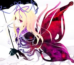 Rule 34 | 1girl, abstract, alternate costume, black sclera, blonde hair, butterfly wings, colored sclera, commentary request, dress, gloves, hair between eyes, hair ribbon, insect wings, kazeharu, long hair, looking at viewer, purple eyes, red eyes, red pupils, ribbon, ribbon trim, single glove, smile, solo, touhou, umbrella, white dress, white gloves, wings, yakumo yukari