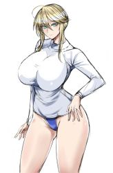 Rule 34 | 1girl, ahoge, artoria pendragon (fate), artoria pendragon (lancer) (fate), bare legs, blonde hair, blush, breasts, cleavage, fate/grand order, fate (series), green eyes, hand on own hip, kumakichi (cost-lost), large breasts, long sleeves, looking at viewer, shirt, sidelocks, solo, thighs, tight shirt