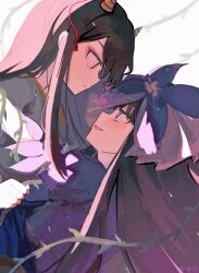 2girls black_hair cone_horns eye_contact face-to-face flower flower_on_head from_side grey_shirt highres horns long_hair looking_at_another multiple_girls nippaku_zanmu parted_lips plant puffy_short_sleeves puffy_sleeves purple_eyes purple_flower purple_shirt red_eyes shirt short_sleeves smile touhou upper_body veil vines yomotsu_hisami youshouhaoxianzhe