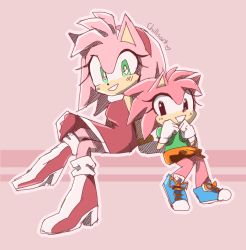Rule 34 | 2girls, amy rose, animal ears, artist name, bare shoulders, black eyes, blue footwear, blush, boots, breasts, clenched hands, crossed legs, dress, dual persona, female focus, flat chest, full body, furry, furry female, gloves, green eyes, green shirt, grin, hands up, happy, heart, heart in eye, high heels, knee boots, light blush, looking at viewer, looking to the side, miniskirt, multiple girls, orange skirt, outline, pink background, pink hair, pink outline, pleated skirt, puffy short sleeves, puffy sleeves, red dress, red footwear, shirt, shoes, short hair, short sleeves, signature, simple background, sitting, sketch, skirt, sleeveless, sleeveless dress, small breasts, smile, sonic (series), spacecolonie, symbol in eye, teeth, two-tone background, white gloves