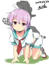 Rule 34 | 10s, 1girl, all fours, backpack, bag, highres, kantai collection, looking at viewer, necktie, open mouth, personification, pink eyes, pink hair, sch, short hair, shorts, slit pupils, solo, tama (kancolle)