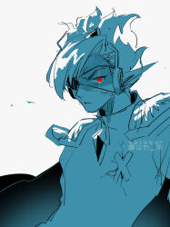Rule 34 | 1boy, anger vein, artist name, cape, captain spaceboy, eyepatch, glowing, glowing eye, highres, limited palette, looking at viewer, male focus, omori, parted lips, pointy ears, red eyes, simple background, sketch, solo, spot color, tendoshi, twitter username, upper body, white background