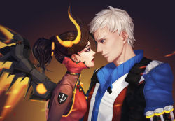 Rule 34 | 1boy, 1girl, absurdres, alternate costume, black hair, blue eyes, bodysuit, breasts, commentary request, couple, danqing huang, dark persona, demon horns, devil mercy, earrings, emblem, eye contact, eyeliner, eyeshadow, facial mark, forehead mark, glowing, glowing wings, gradient background, hetero, highres, horns, hug, jacket, jewelry, lips, looking at another, makeup, mask, mechanical wings, mercy (overwatch), mouth mask, no mask, official alternate costume, orange background, orange wings, overwatch, overwatch 1, parted lips, patch, ponytail, profile, purple background, purple eyes, short hair, small breasts, soldier: 76 (overwatch), stud earrings, upper body, white hair, wings