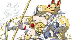 Rule 34 | 1girl, animal ears, armor, belt, bikini armor, breasts, cleavage, closed mouth, commentary, covered eyes, cowboy shot, detached sleeves, digimon, digimon (creature), dutch angle, facial mark, fox ears, fox mask, grey hair, highres, holding, holding staff, holding weapon, large breasts, long hair, mask, navel, nazca (rapid-rabbit&#039;s), renamon, revealing clothes, sakuyamon, sakuyamon x-antibody, shoulder armor, simple background, staff, standing, stomach, weapon, white background, white belt, white sleeves, yellow armor, yellow collar, yin yang