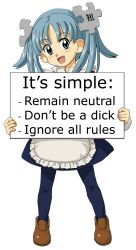 Rule 34 | 1girl, blue hair, female focus, full body, highres, holding, holding sign, open mouth, sign, solo, text focus, transparent background, wikipe-tan, wikipedia