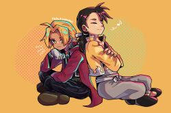 Rule 34 | 2boys, black hair, black pants, blonde hair, closed eyes, closed mouth, commentary, crossed arms, edward elric, english commentary, fruiitlins, full body, fullmetal alchemist, grey pants, highres, indian style, jacket, ling yao, long hair, long sleeves, looking at another, male focus, multiple boys, musical note, orange background, pants, shoe soles, shoes, simple background, sitting, yellow eyes, yellow jacket