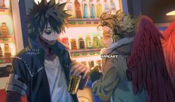 Rule 34 | 2boys, black gloves, black hair, black jacket, blonde hair, blue eyes, boku no hero academia, bomber jacket, brown jacket, burn scar, can, coat, coffee, costume, dabi (boku no hero academia), drink, ear piercing, facial hair, facial mark, feathered wings, feathers, fire, fur-trimmed jacket, fur trim, gloves, goatee, hawks (boku no hero academia), headphones, high collar, holding, holding can, jacket, kadeart, looking at another, looking at hands, male focus, multiple boys, multiple piercings, night, nose piercing, piercing, red feathers, red wings, rimless eyewear, scar, scar on arm, scar on face, scar on hand, scar on neck, shirt, short hair, spiked hair, stapled, stitches, stubble, tinted eyewear, tongue, tongue out, trench coat, twitter username, upper body, vending machine, white shirt, wings, yellow eyes