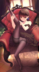 Rule 34 | 1girl, absurdres, black dress, black footwear, black hair, black pantyhose, blush, breasts, cafe stella to shinigami no chou, chair, commentary request, dress, earrings, easy chair, full body, haku89, hand on own knee, hand on own leg, high heels, highres, holding leg, indoors, jewelry, long hair, looking at viewer, medium breasts, on chair, panties, panties under pantyhose, pantyhose, shiki natsume, sitting, solo, underwear, very long hair, wooden floor, yellow eyes