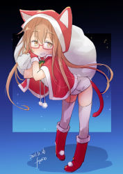 Rule 34 | 1girl, absurdres, animal ears, artist name, blush, boots, brown eyes, brown hair, capelet, cat ears, cat tail, christmas, dated, full body, fyuo, glasses, gloves, grin, hair between eyes, highres, holding, holding sack, hood, hooded capelet, kantai collection, long hair, mochizuki (kancolle), red-framed eyewear, red capelet, red footwear, red gloves, sack, santa costume, semi-rimless eyewear, signature, smile, solo, tail, thighhighs, white thighhighs