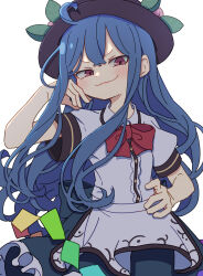 Rule 34 | 1girl, absurdres, black hat, blue hair, blue skirt, buttons, center frills, closed mouth, frilled skirt, frills, hair between eyes, hat, highres, hinanawi tenshi, kame (kamepan44231), long hair, red eyes, shirt, short sleeves, simple background, skirt, smile, solo, touhou, upper body, white background, white shirt