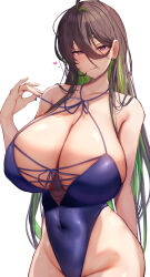 Rule 34 | 1girl, :q, absurdres, bare shoulders, black hair, blue one-piece swimsuit, blush, breasts, cleavage, closed mouth, collarbone, commentary request, commission, covered navel, goddess of victory: nikke, green hair, guilty (nikke), hair between eyes, heart, highleg, highleg swimsuit, highres, huge breasts, long hair, looking at viewer, multicolored hair, one-piece swimsuit, purple eyes, simple background, skeb commission, smile, swimsuit, tiri man, tongue, tongue out, two-tone hair, white background