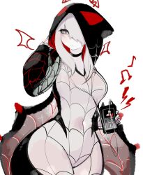 Rule 34 | bodysuit, breasts, grey eyes, highres, hood, hoodie, large breasts, listening to music, lucia (usa37107692), marvel, medium hair, musical note, original, pale skin, skin tight, spider-man (series), spider web print, thick thighs, thighs, usa37107692, white hair, wide hips
