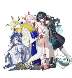 4girls arknights artist_collaboration black_footwear black_gloves black_hair black_socks blonde_hair blue_hair closed_mouth colored_skin de_1aw dragon_girl dragon_horns dragon_tail dusk_(arknights) full_body gloves green_skin grey_hair hair_over_one_eye horns ling_(arknights) long_hair long_sleeves looking_at_viewer multiple_girls nian_(arknights) open_mouth pointy_ears red_hair red_skin roi_423 shu_(arknights) siblings simple_background sisters smile socks squatting standing tail tounori utsutsu_(zru5) white_background white_footwear