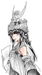 Rule 34 | 1girl, black hair, changmingsuo, chinese clothes, detached sleeves, hair ornament, highres, hmong, holding, holding paper, jianxia qingyuan (series), jianxia qingyuan online 3, kangetsu (fhalei), long hair, looking at viewer, miao clothes, mole, mole under eye, open mouth, paper, purple eyes, simple background, smile, solo, upper body, white background