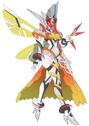 Rule 34 | 1girl, absurdres, anklet, antennae, armor, belt, bodysuit, breastplate, breasts, catball1994, commentary, dress, high heels, highres, holding, honeycomb (pattern), insect wings, jewelry, kamen rider, kamen rider aguilera, kamen rider revice, kunai, medium breasts, orange skirt, queen bee genome, simple background, skirt, solo, stylistic, tokusatsu, weapon, white background, white bodysuit, white footwear, wings