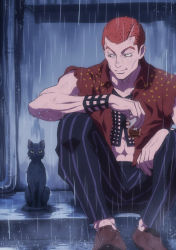 Rule 34 | 1boy, abs, black cat, cat, chocolate sable, cup, formaggio, holding, holding cup, jacket, jojo no kimyou na bouken, male focus, pants, rain, red eyes, red hair, shoes, striped clothes, striped pants, vento aureo