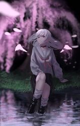 Rule 34 | 1girl, absurdres, black choker, black footwear, boots, cherry blossoms, choker, collarbone, falling petals, floating hair, grass, hair tie, hand on own knee, highres, kyano (kyanora3141), long hair, looking at viewer, loose socks, low ponytail, neckerchief, on grass, original, outdoors, petals, pink eyes, red neckerchief, sailor collar, sidelocks, sideways glance, sitting, socks, solo, tree, wading, water, white hair, white socks