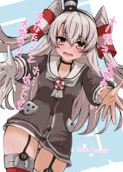 Rule 34 | 1girl, absurdres, amatsukaze (kancolle), brown dress, brown eyes, character name, cowboy shot, dress, foreshortening, garter straps, gloves, grey hair, grey neckerchief, hair tubes, hat, highres, kantai collection, kitahama (siroimakeinu831), lifebuoy ornament, long hair, looking at viewer, mini hat, neckerchief, one-hour drawing challenge, panties, red thighhighs, sailor dress, short dress, single glove, smokestack hair ornament, solo, striped clothes, striped thighhighs, thigh gap, thighhighs, translation request, twitter username, two side up, underwear, white background, white panties
